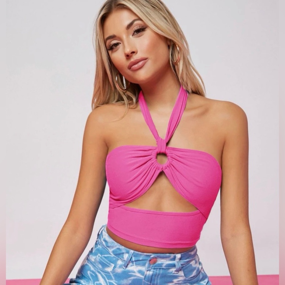 SHEIN BAE Ruched O-Ring Cutout Self-Tie Halter Crop Top